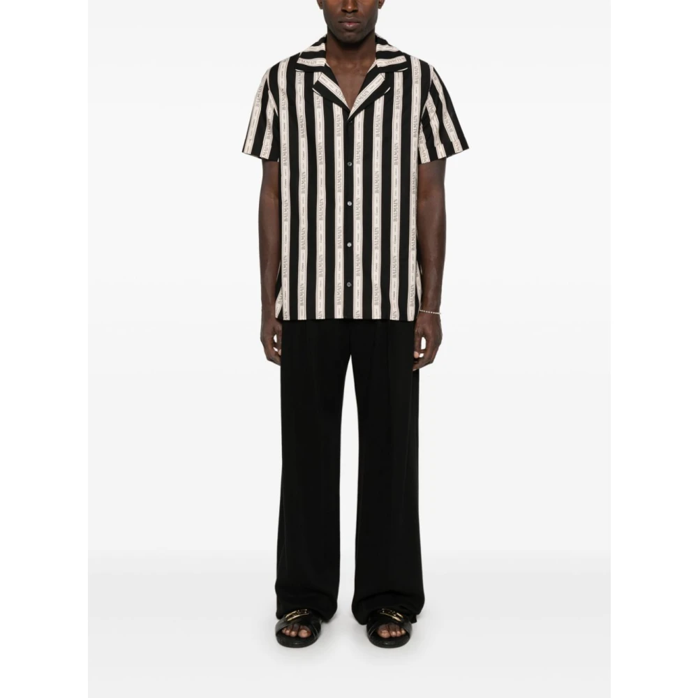 Balmain Gestreept Zwart Shirt Korte Mouwen Knoop Black Heren