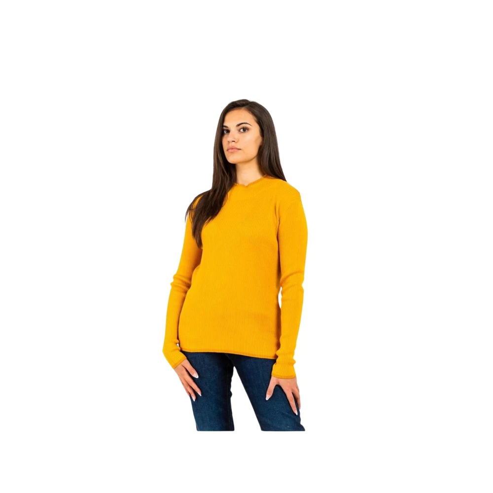 Gas Women's Yellow Round-Neck Knitwear, Xl, Wool Sweatshirt With Ribbed Crew Neck