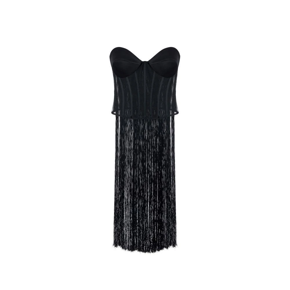Elisabetta Franchi Women's Black Tulle Bustier Top With Fringes - Sleeveless Tops - S - Tops