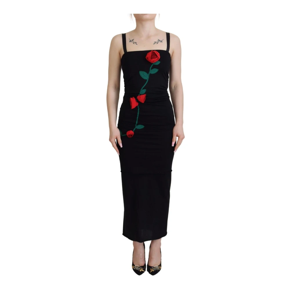 Dolce & Gabbana Women's Black Maxi Dresses, L, Red Rose Embroidered Sheath Dress