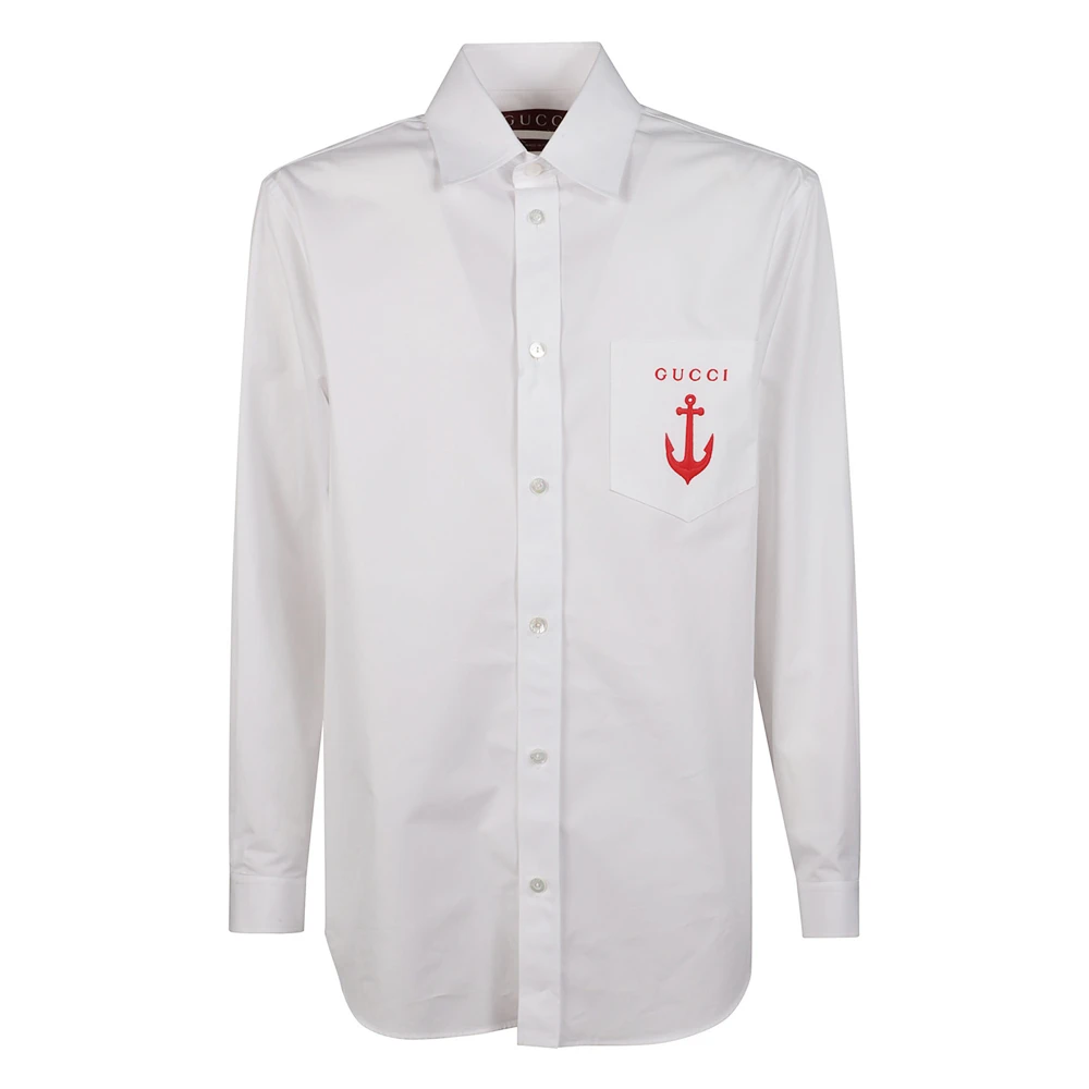 Gucci White Casual Shirts, Male, M, Cotton Poplin Shirt With Embroidery