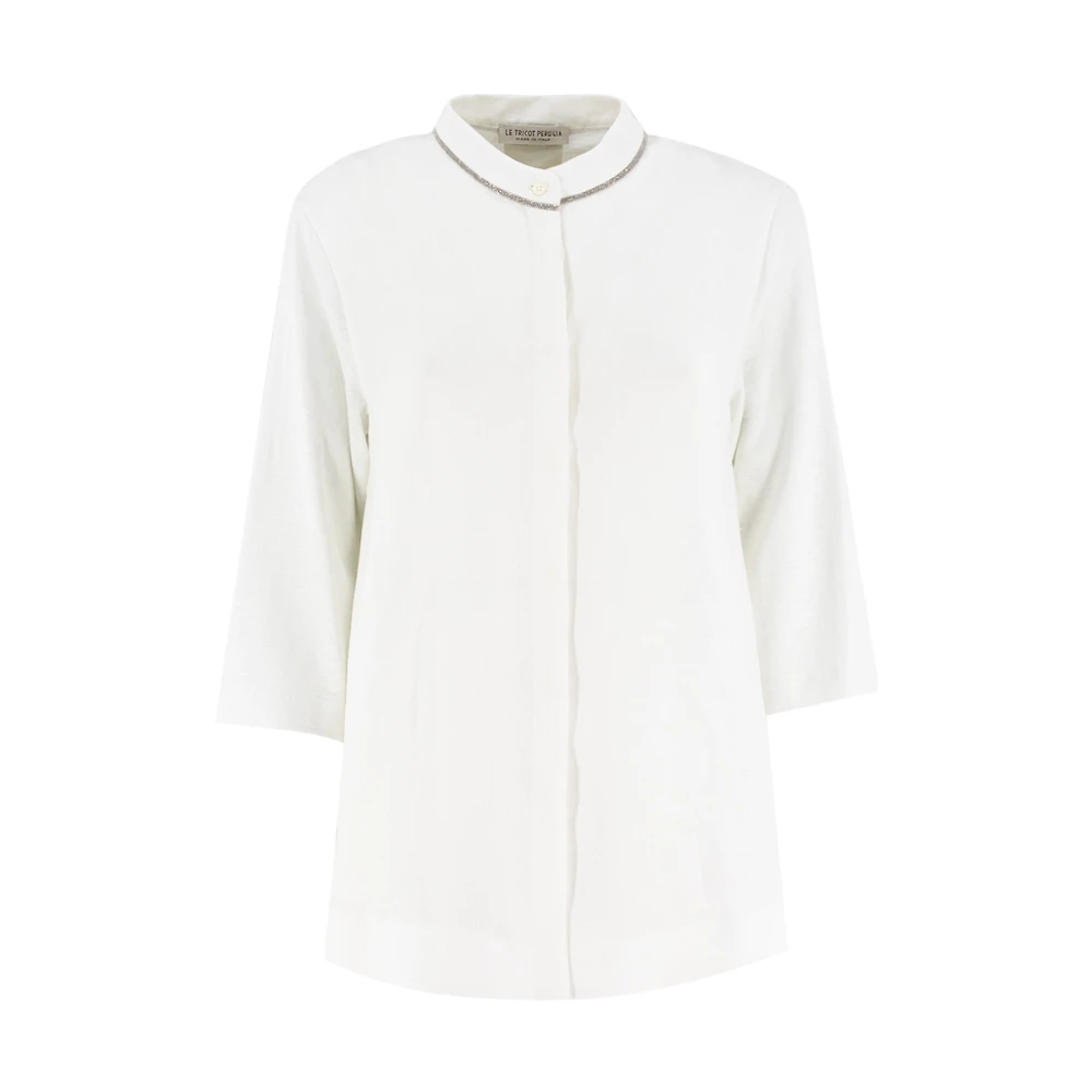 Le Tricot Perugia Linnen blouse met geborduurde kraag White Dames