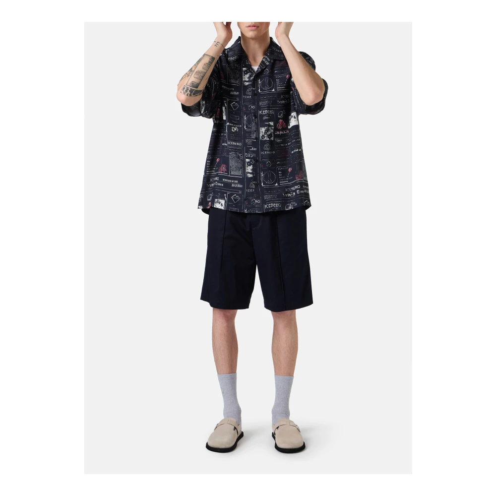 Iceberg Donkerblauw losvallend shirt met korte mouwen in bowlingstijl met allover logo Multicolor Heren