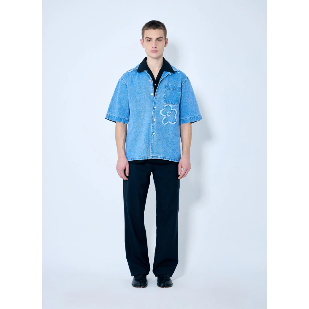 Marni Bloemen Denim Shirt Korte Mouw Italië Blue Heren