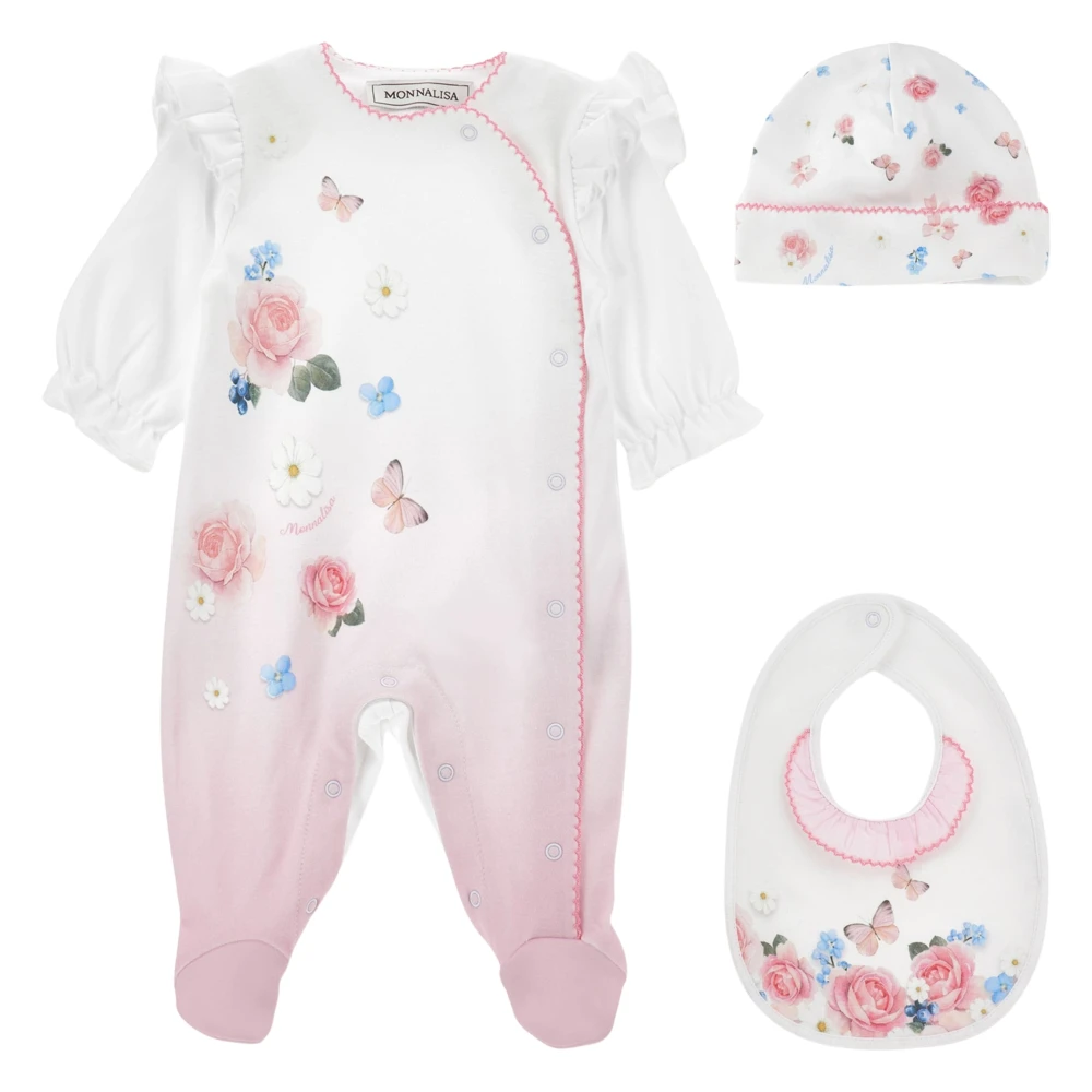 Monnalisa Girls Multicolor Kids Sets, 3 M, Butterflies And Flowers Babygrow Set