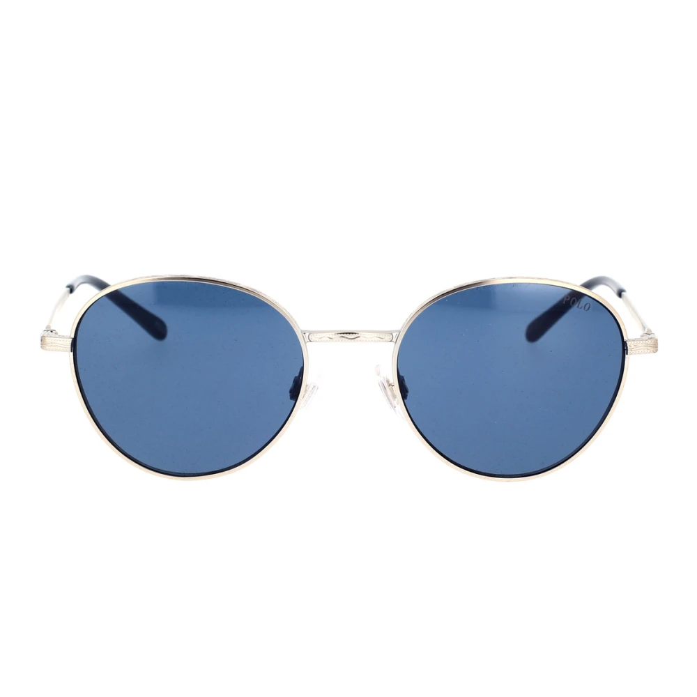Solbriller med runde blå linser og sølvfarget metallramme
