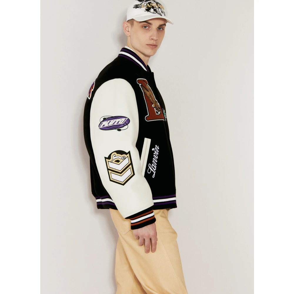 Lanvin Logo Patch Leren Mouw Varsity Jack Black Heren