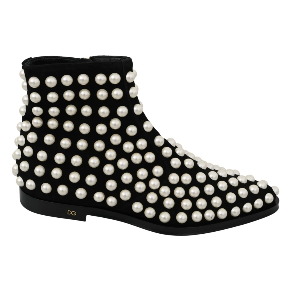 Dolce & Gabbana Women's Black Suede Ankle Boots With Pearls