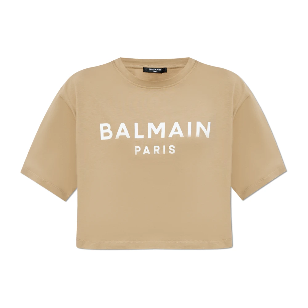 Balmain Korte T-shirt met bedrukt logo Beige Dames