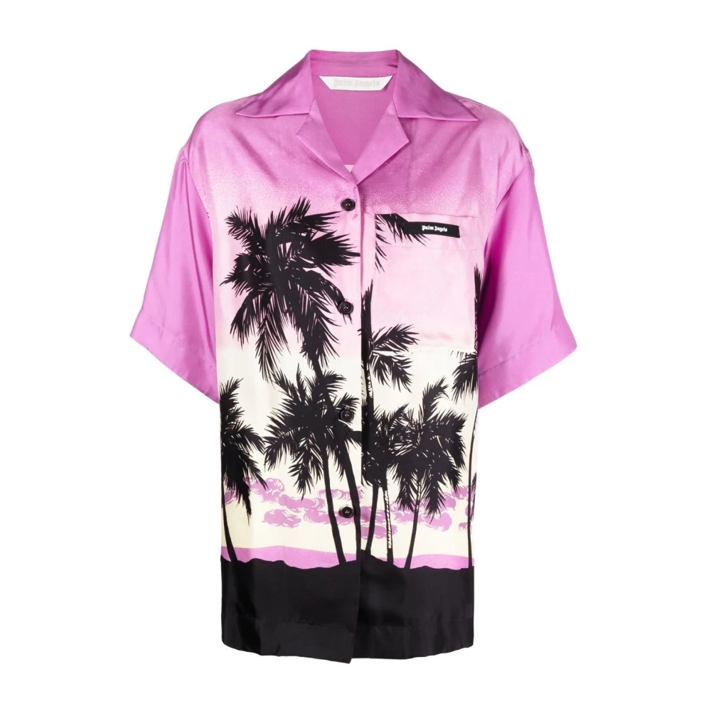 Palm Angels Oversized Zijden Twill Bowling Shirt met Sunset Print Purple Dames