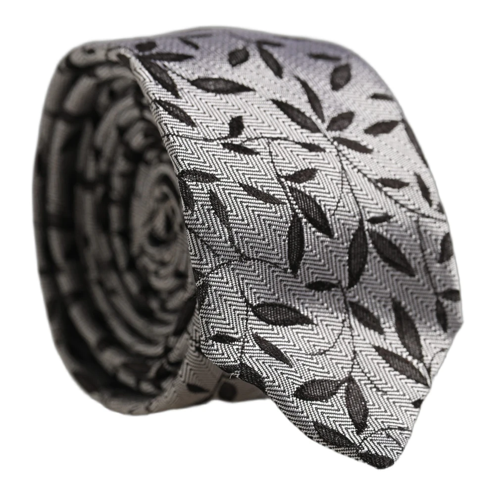 Dolce & Gabbana Men Gray Silk Leaf Pattern Adjustable Tied Necktie Tie - Image 2