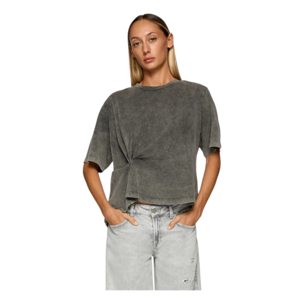 Dondup Grijze Cropped Crew-neck T-shirt met Ruches Gray Dames