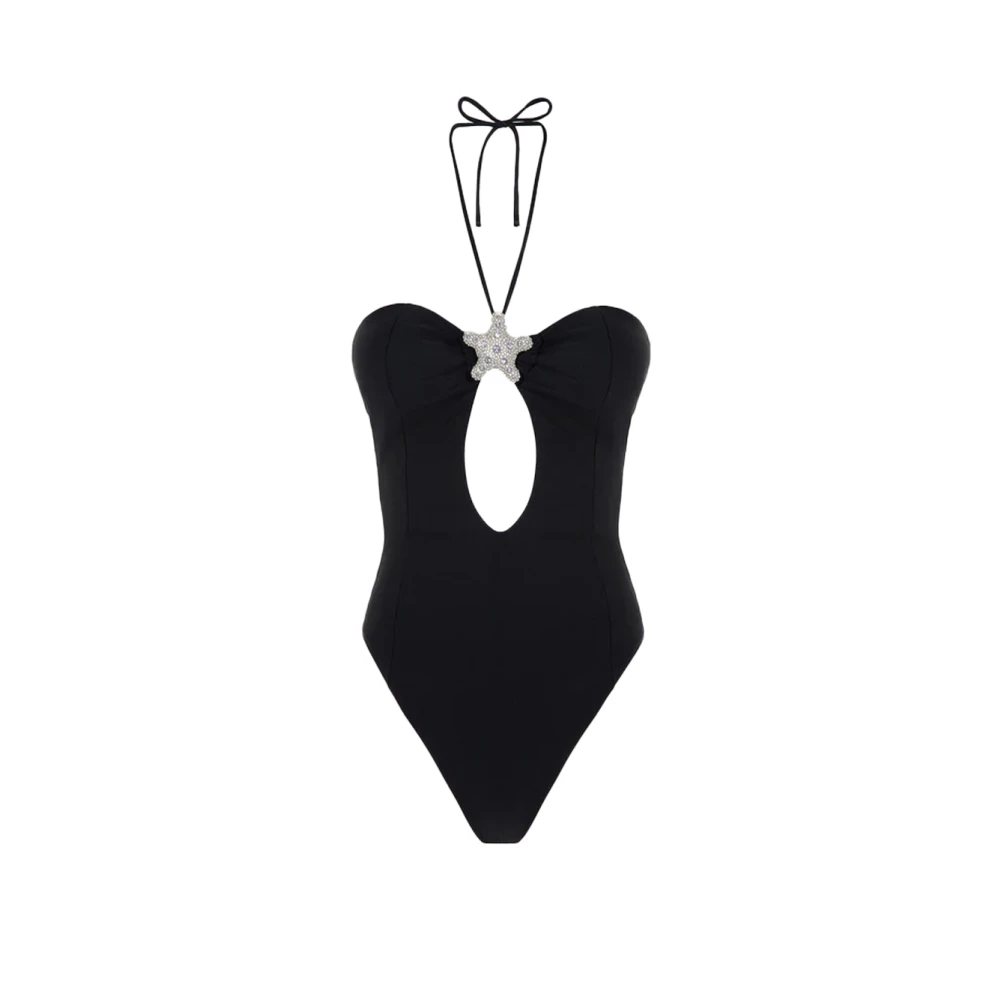 F**k Zwarte Monokini met V-hals en glanzend lycra accessoire Black Dames