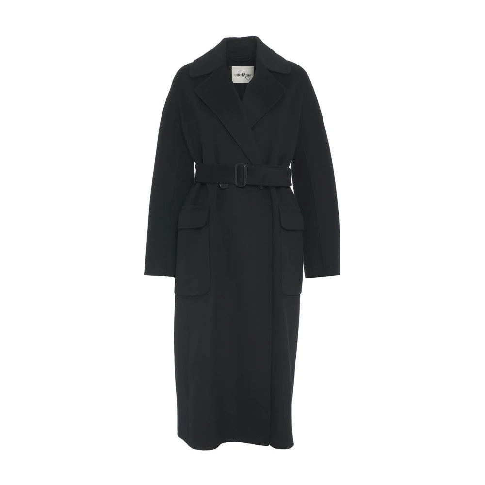 Ottod'Ame Zwarte Geriemde Wollen Jas Black Dames