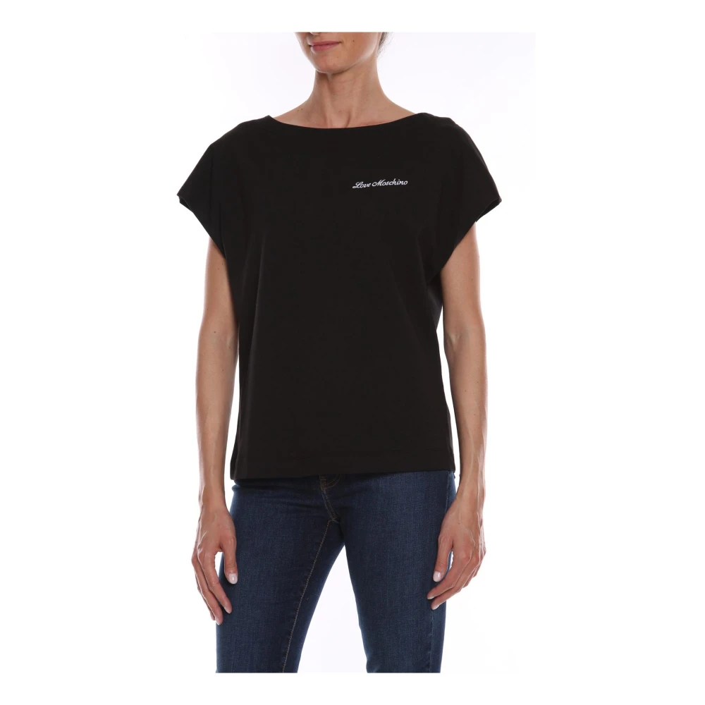 Love Moschino Zwart Katoenen T-Shirt met Geborduurde Hartjes Black Dames