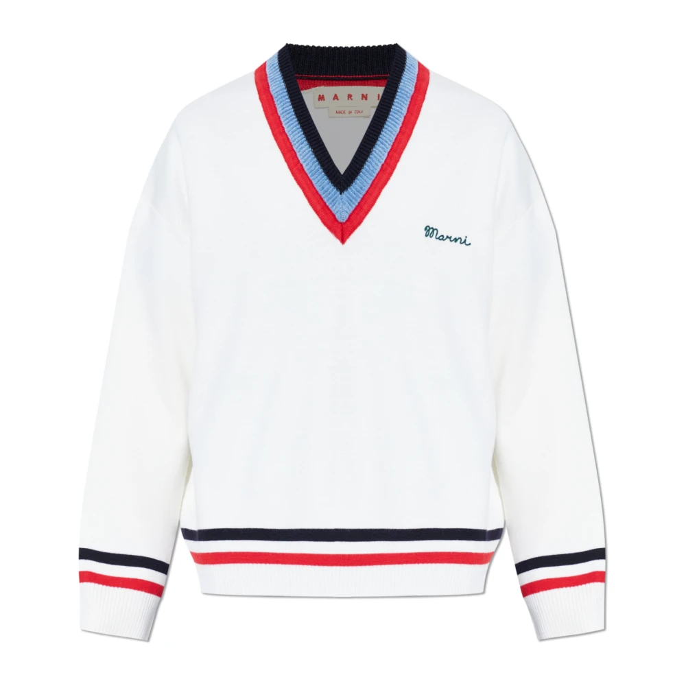 Marni Herr Beige Stickade Tröjor L, V Neck Sweater
