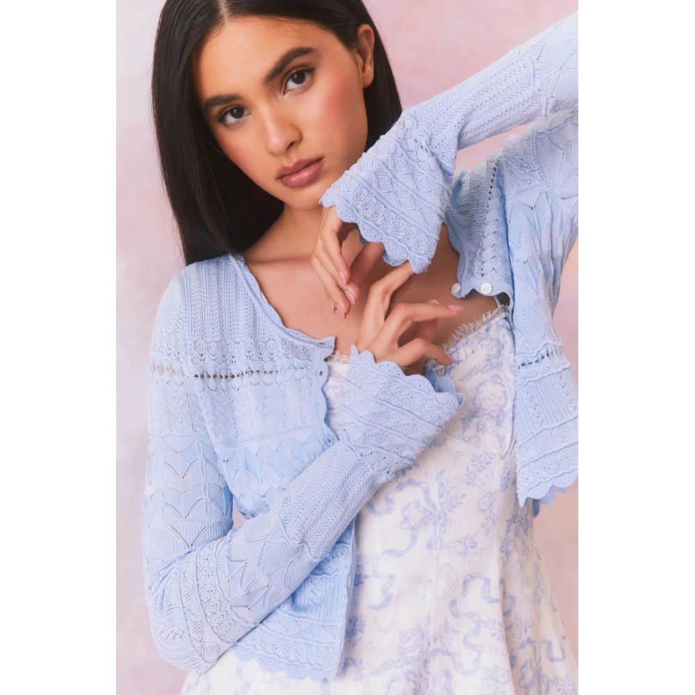 Loveshackfancy Scallop Pointelle Media Cardigan Blue Dames