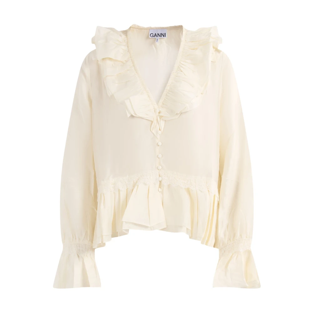 Ganni Viscose Silk Habotai Frill Blouse - Female - Blouses - Beige - Xs - Blouses & Shirts