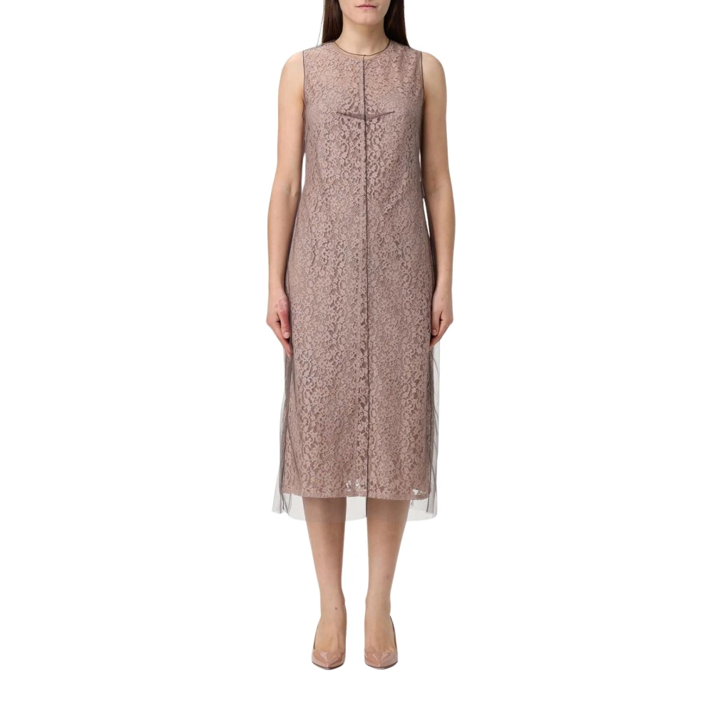 Fendi Women's Brown Midi Dresses, M, Elegant Tulle Overlay Midi Dress