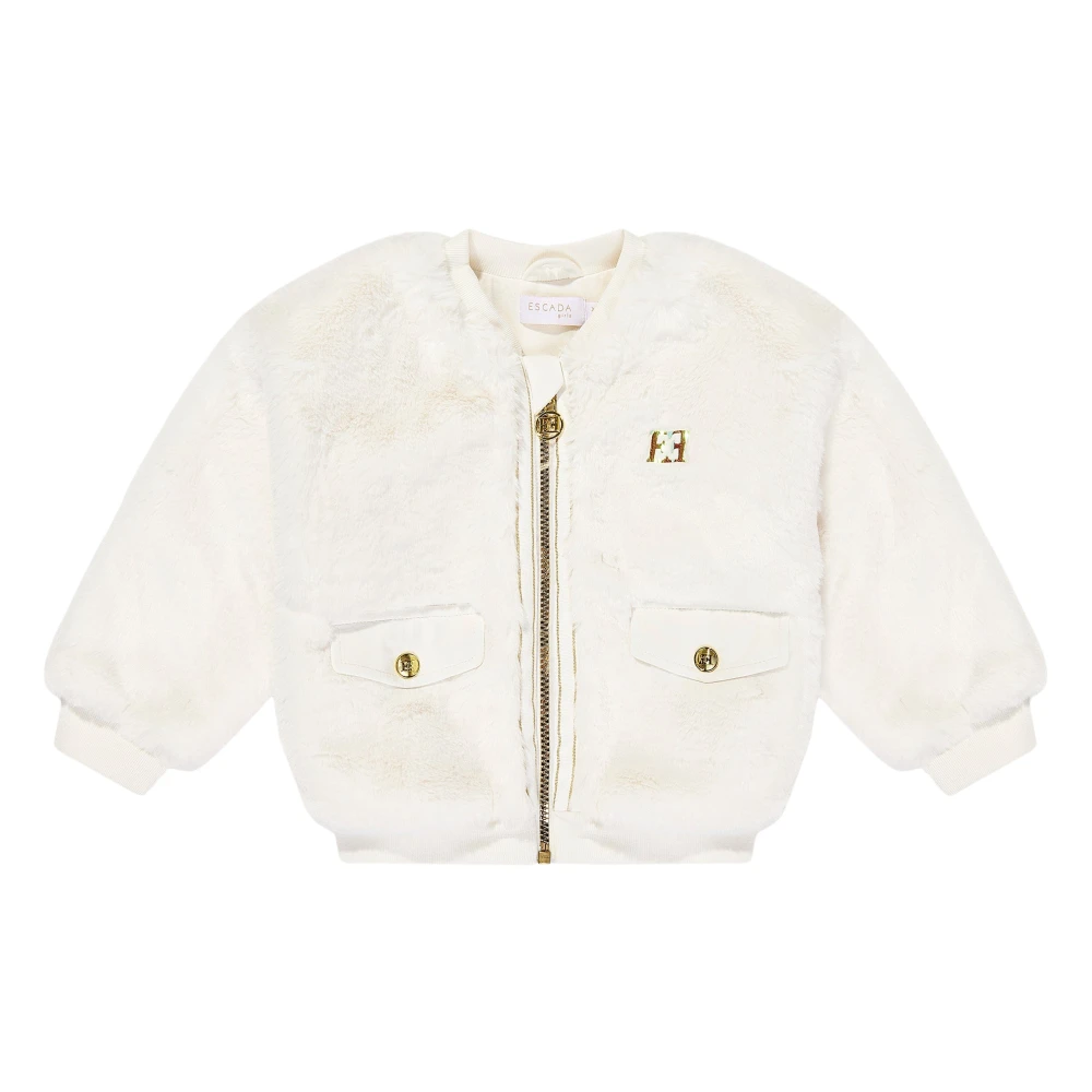 Escada Beige Light Jackets, Female, 4 Y, Embroidered Logo Faux Fur Jacket