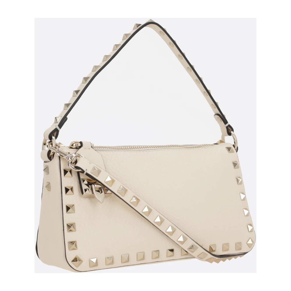 Valentino Garavani Studded Leren Schoudertas Ivoor Brown Dames