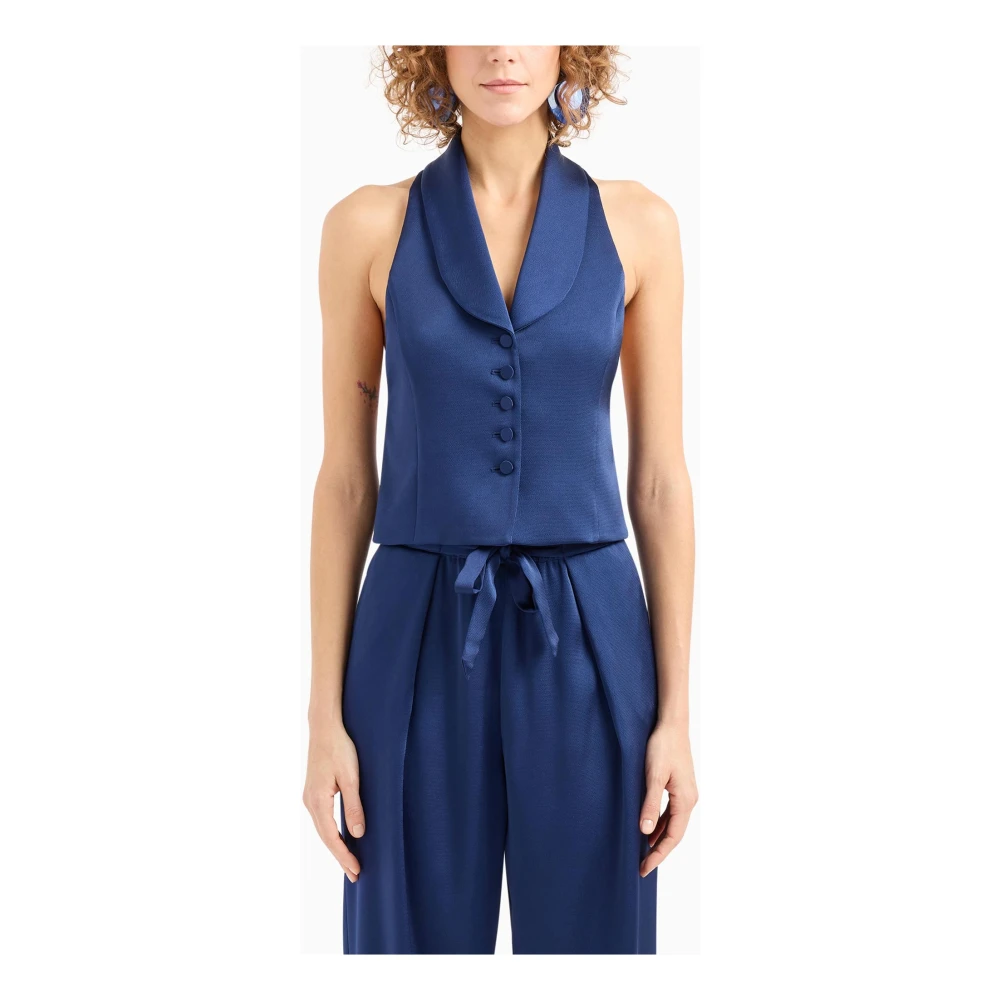 Emporio Armani Blauwe Satijnen Top Met Knoopsluiting Mouwloos Blue Dames