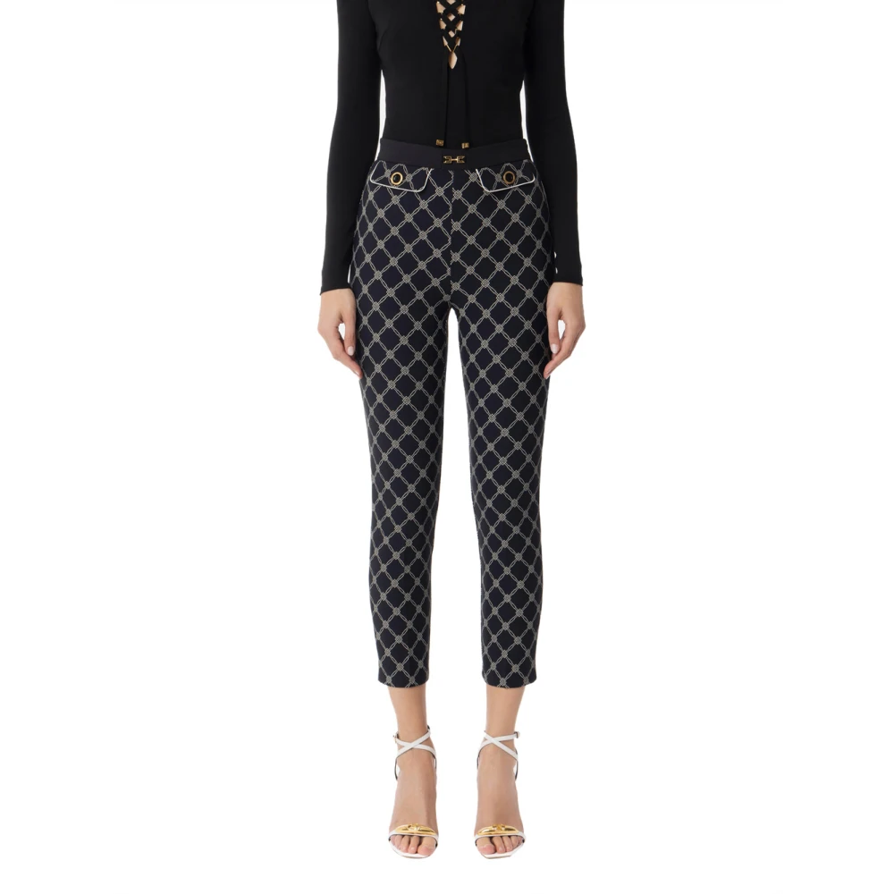 Elisabetta Franchi Slim Fit Enkel-Lengte Diamant Print Broek Black Dames
