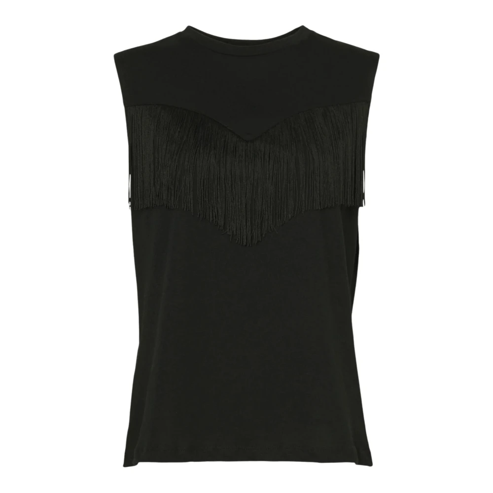 pinko Zwarte katoenen T-shirt met franjes Black Dames