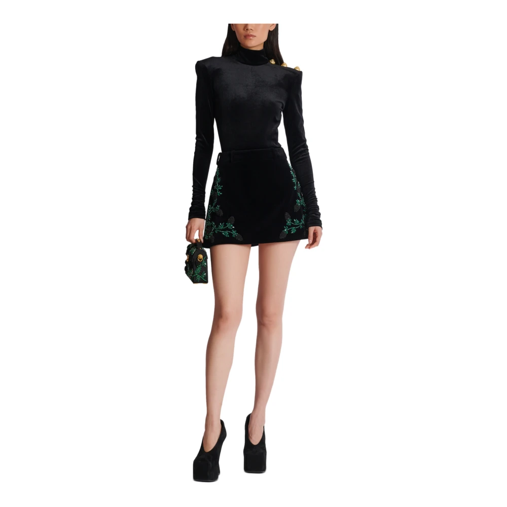 Balmain A-lijn rok in braam-geborduurd fluweel Black Dames