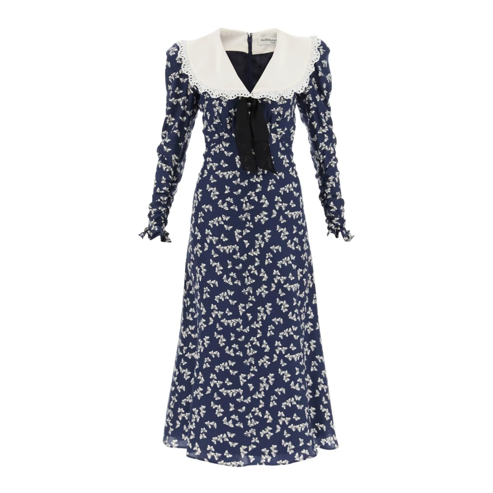 Alessandra Rich Lange jurk met vlinderprint en ruchekraag Blue Dames