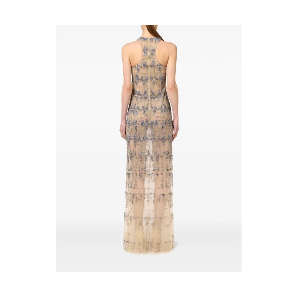 Elisabetta Franchi Pixel-Patroon Pailletten Tule Jurk Beige Dames