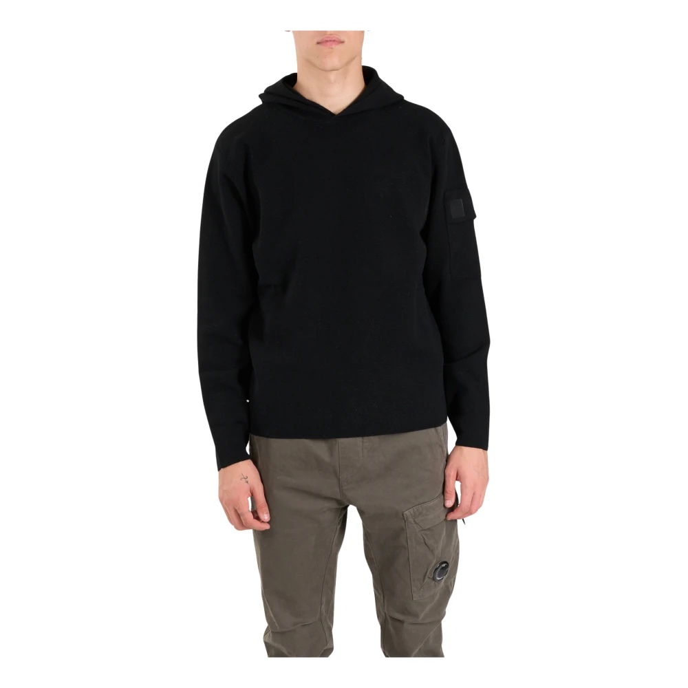 C.P. Company Extrafijne wollen hoodie met logo badge Black Heren