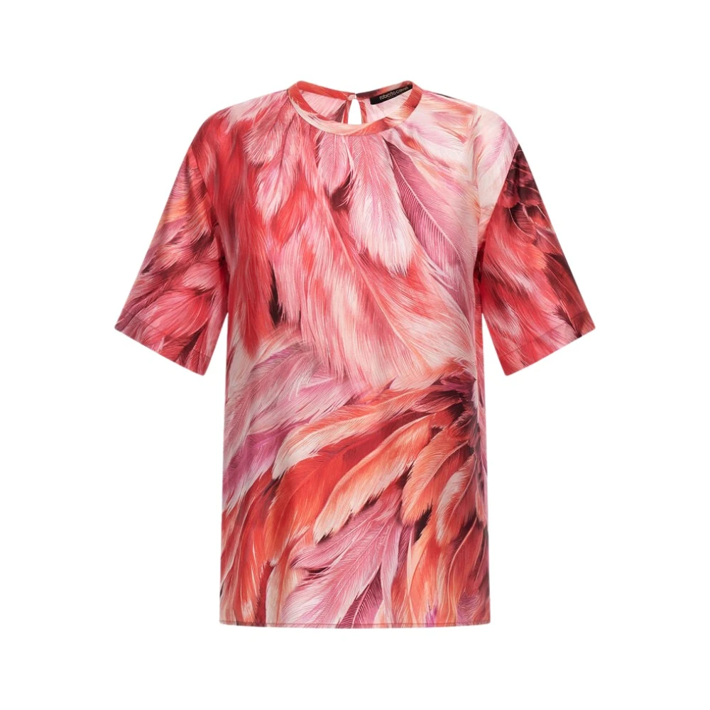 Roberto Cavalli Pink Silk Plumange Print T-Shirt - Female - T-Shirts - S - Tops