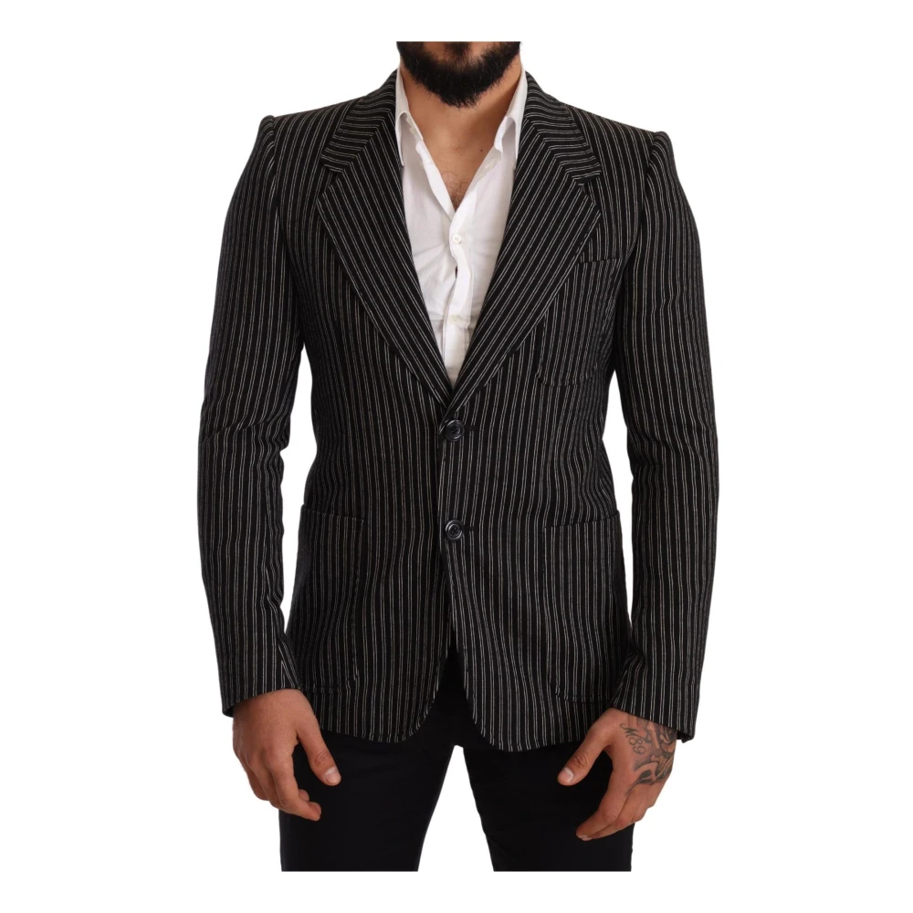 Dolce & Gabbana Gestreepte Linnen Blazer Slim Fit Zwart Black Heren