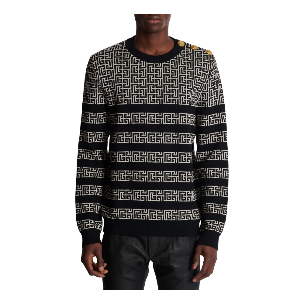 Balmain Gestreepte PB Labyrinth wol en linnen trui Black Heren