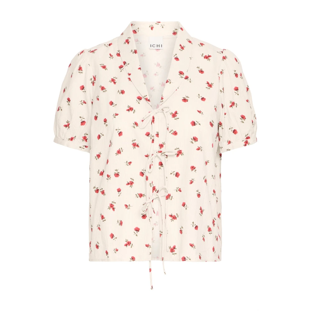 Ichi Beige Blouses, Female, M, Geranium Flower Blouse With Tie Front