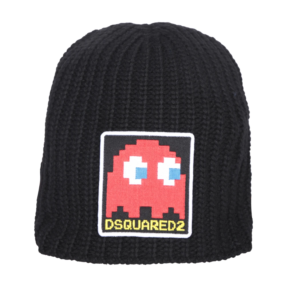 Dsquared2 Mannelijk Zwart Accessoires Heren, One Size, Wol, Gebreide Beanie Met Logo Patch