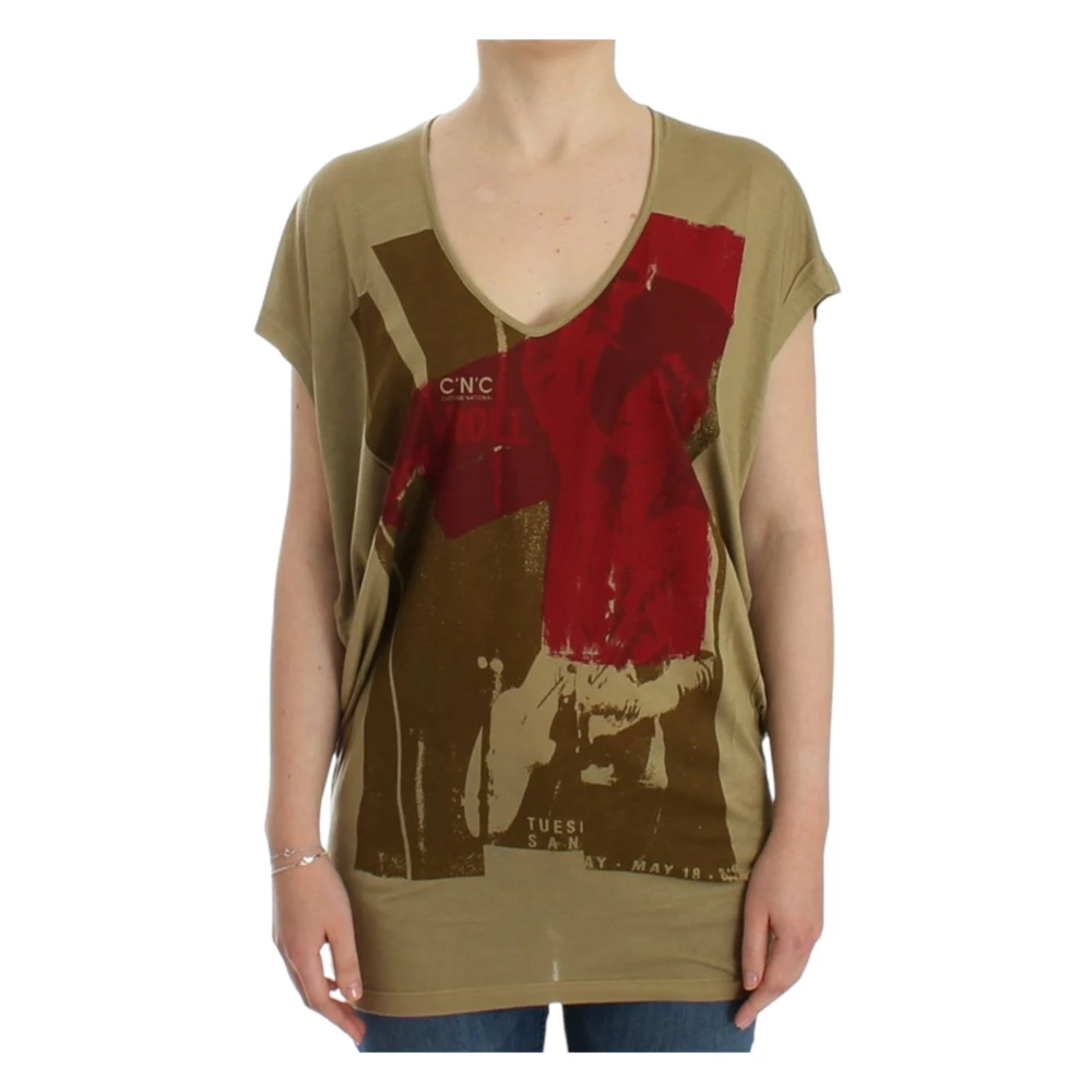 Costume National , T-Shirts, Female, Green, Xs, Green Multicolor Print V-Neck Tee