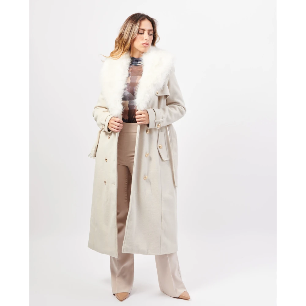 Fracomina Lange Reguliere Double-Breasted Jas met Riem Beige Dames