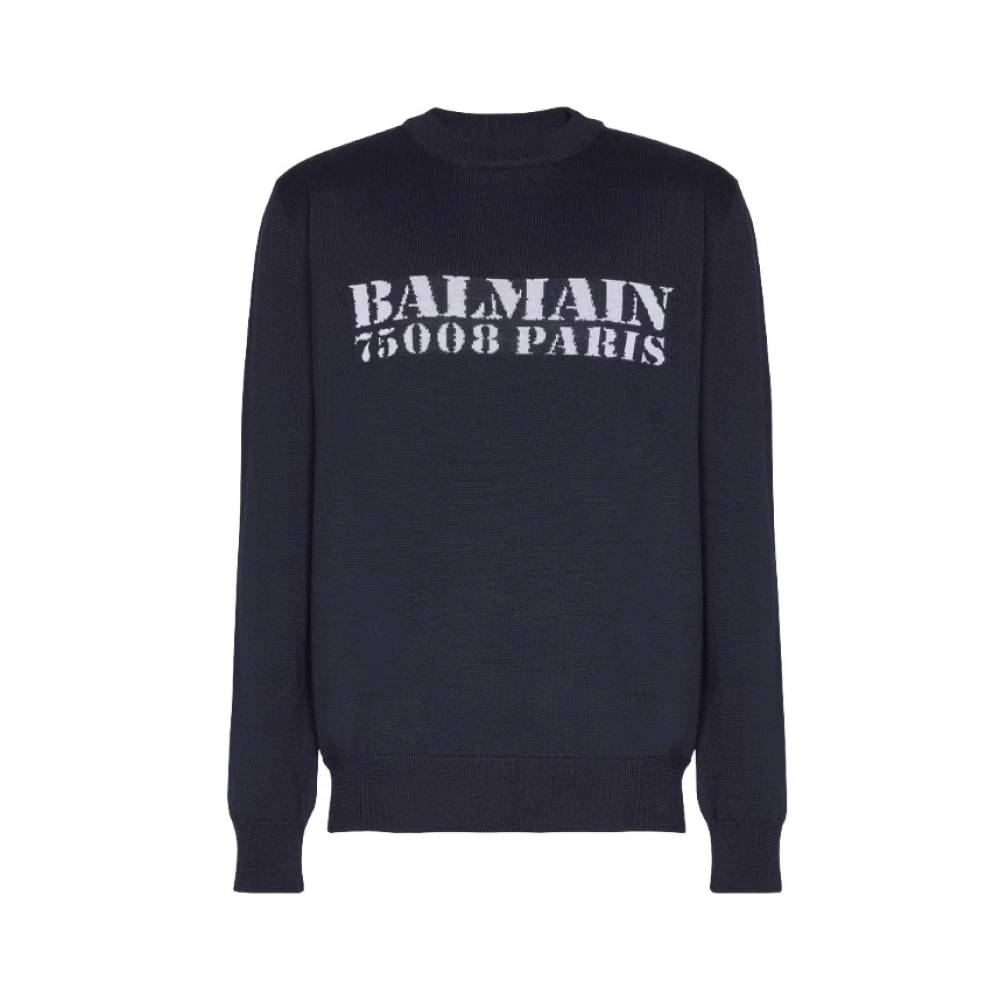 Balmain Men's Blue Navy Logo Knit Jumper