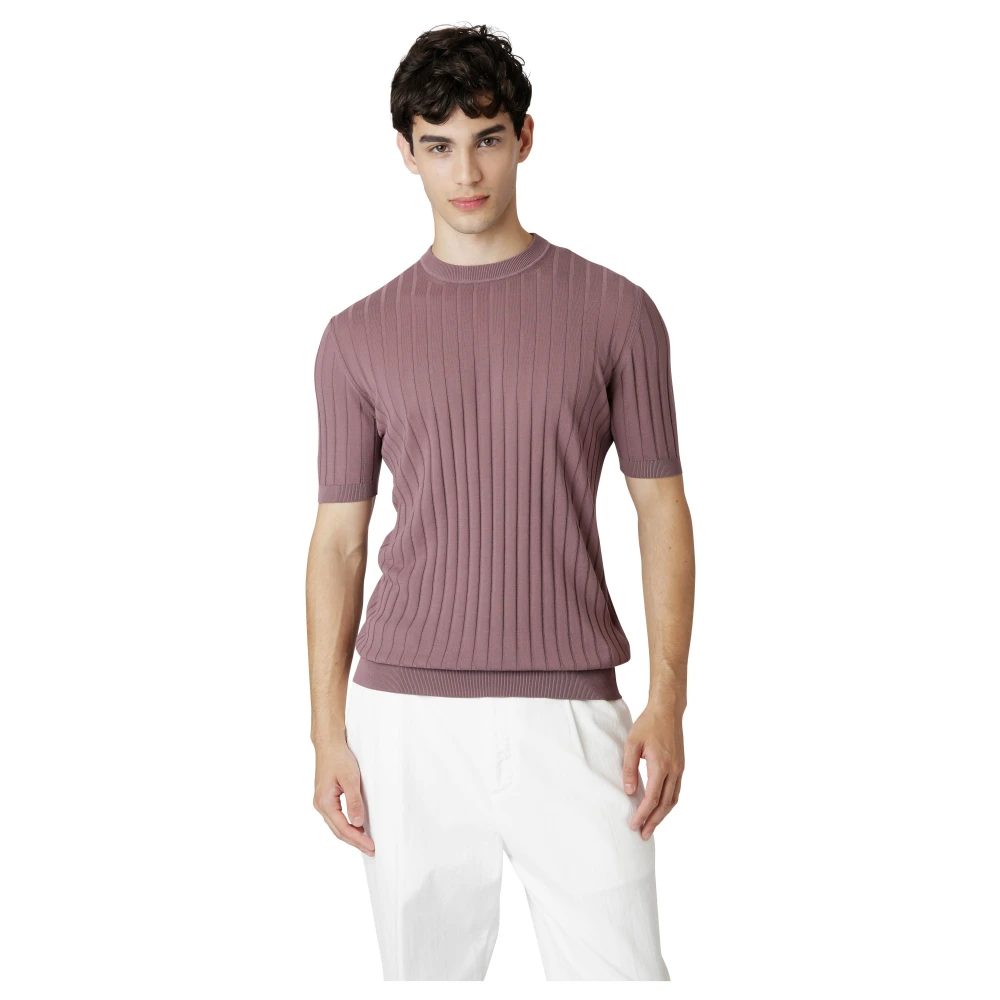 Eleventy Katoen Crepe Ronde Hals Half Mouw Shirt Purple Heren