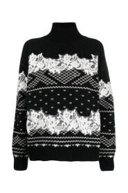 Czarny Sweter z Wzorem Fair Isle Intarsia z Wełny