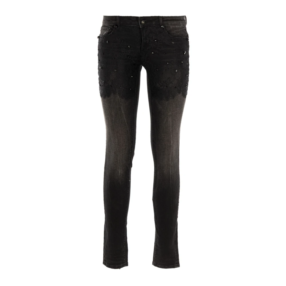 Fracomina Skinny Jeans met Kant en Strass Inzetstukken Black Dames