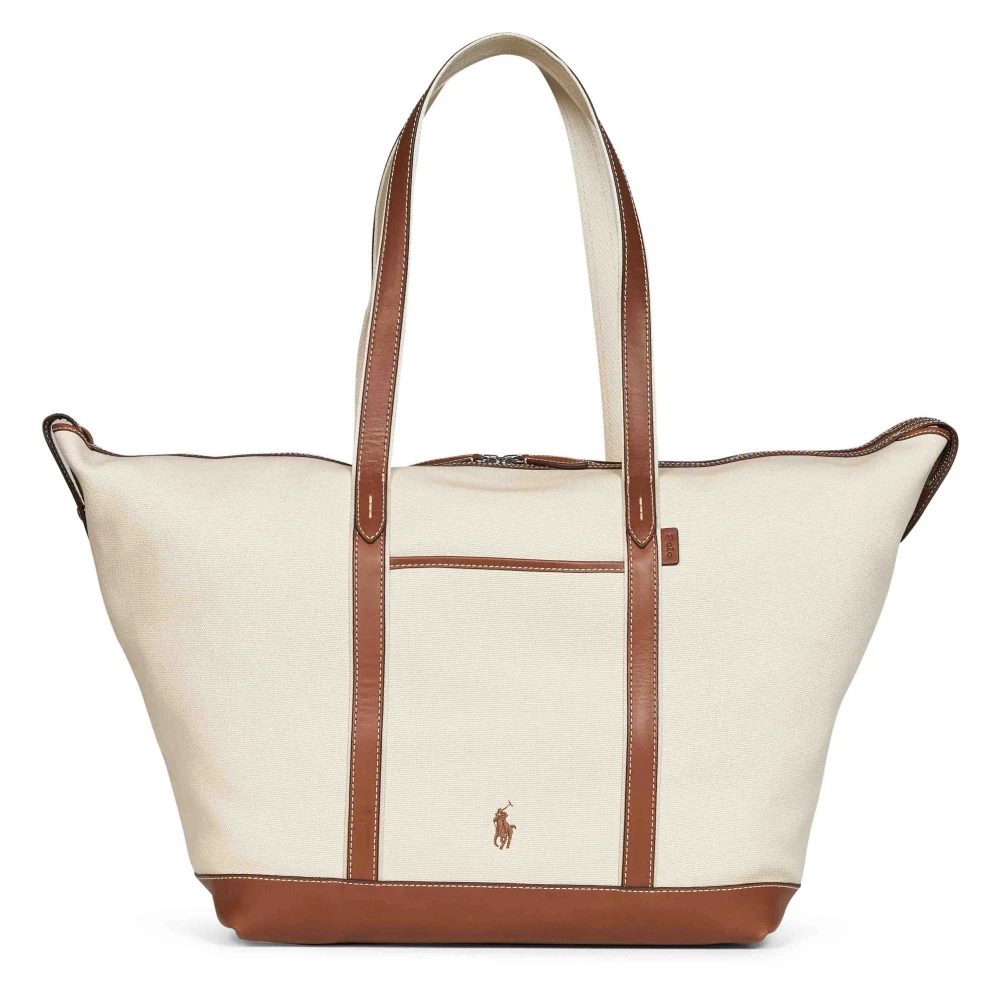 Polo Ralph Lauren Women's Beige Shopping Bags, One Size, Leather-Trim Canvas Large Shopper Tote