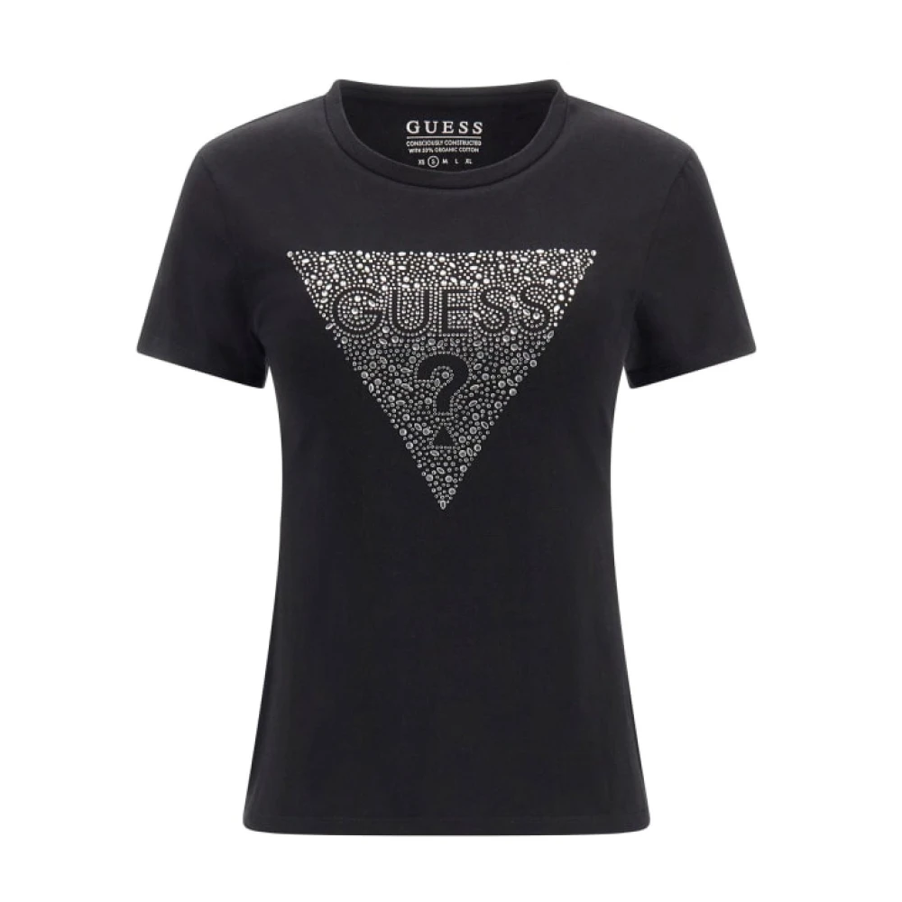 Guess Katoenen T-shirt met korte mouwen en strass logo Black Dames