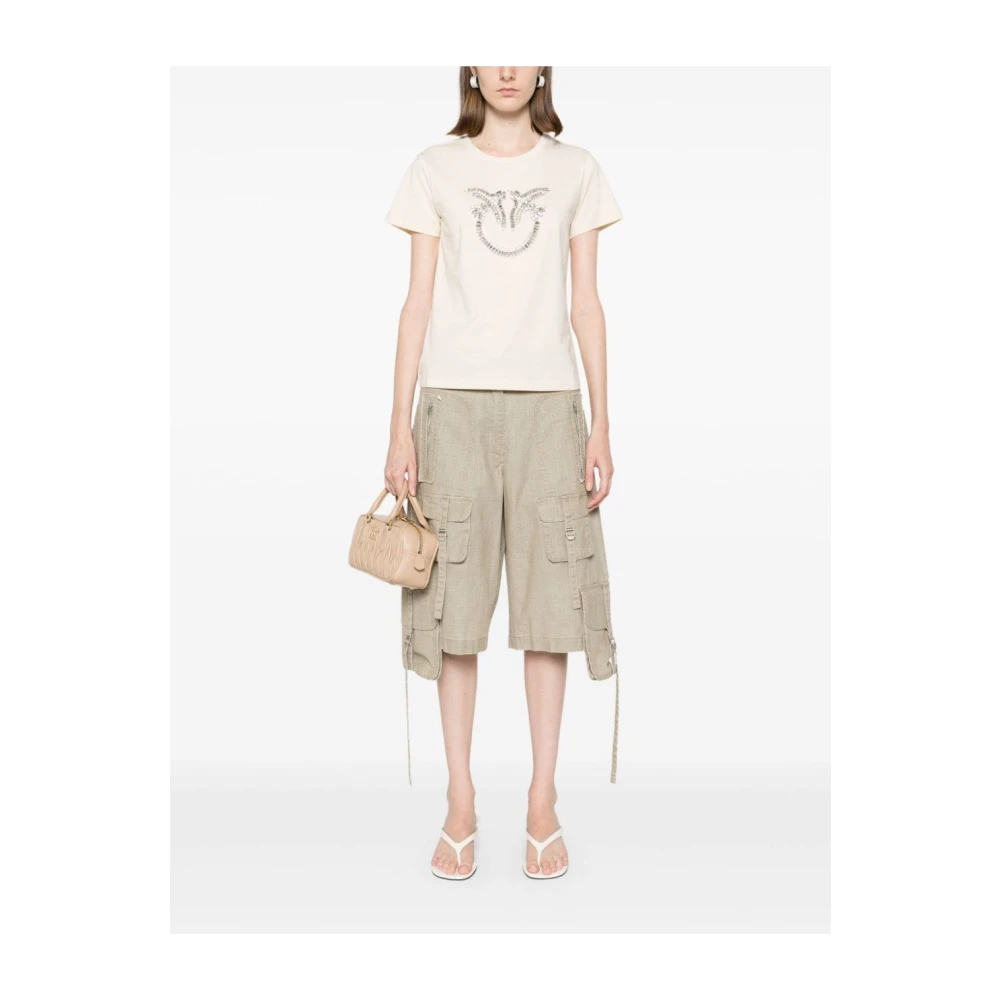 pinko Beige Love Birds Geborduurd T-shirt Beige Dames