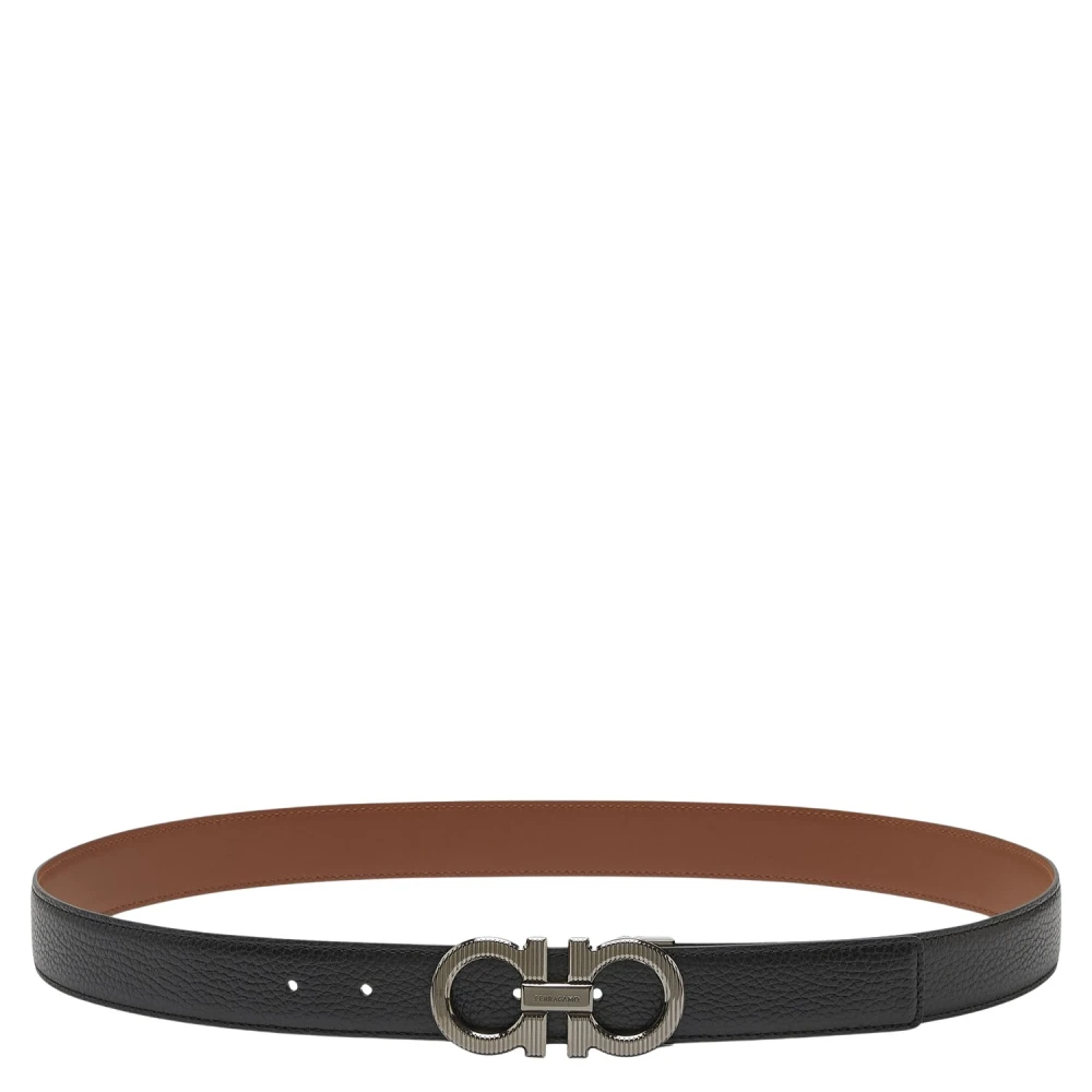 Ferragamo Men's Black Leather Belt With Silver-Colored Buckle, Belts, 105 Cm, Accessories
