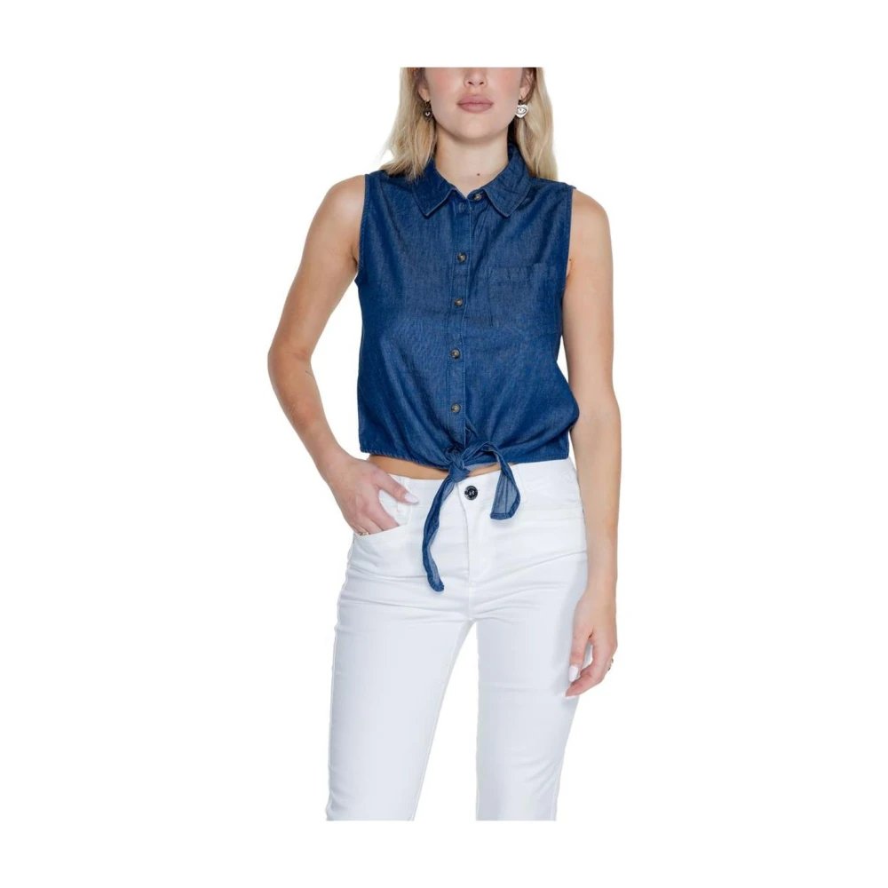 Jacqueline de Yong Blauw Katoenen Mouwloze Strik Voorkant Top Blue Dames