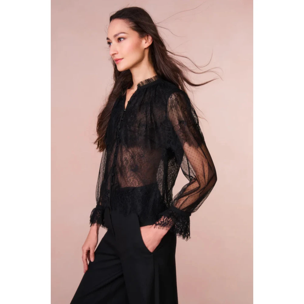 Loveshackfancy Doorschijnende Kant Duquette Ruche Blouse Black Dames