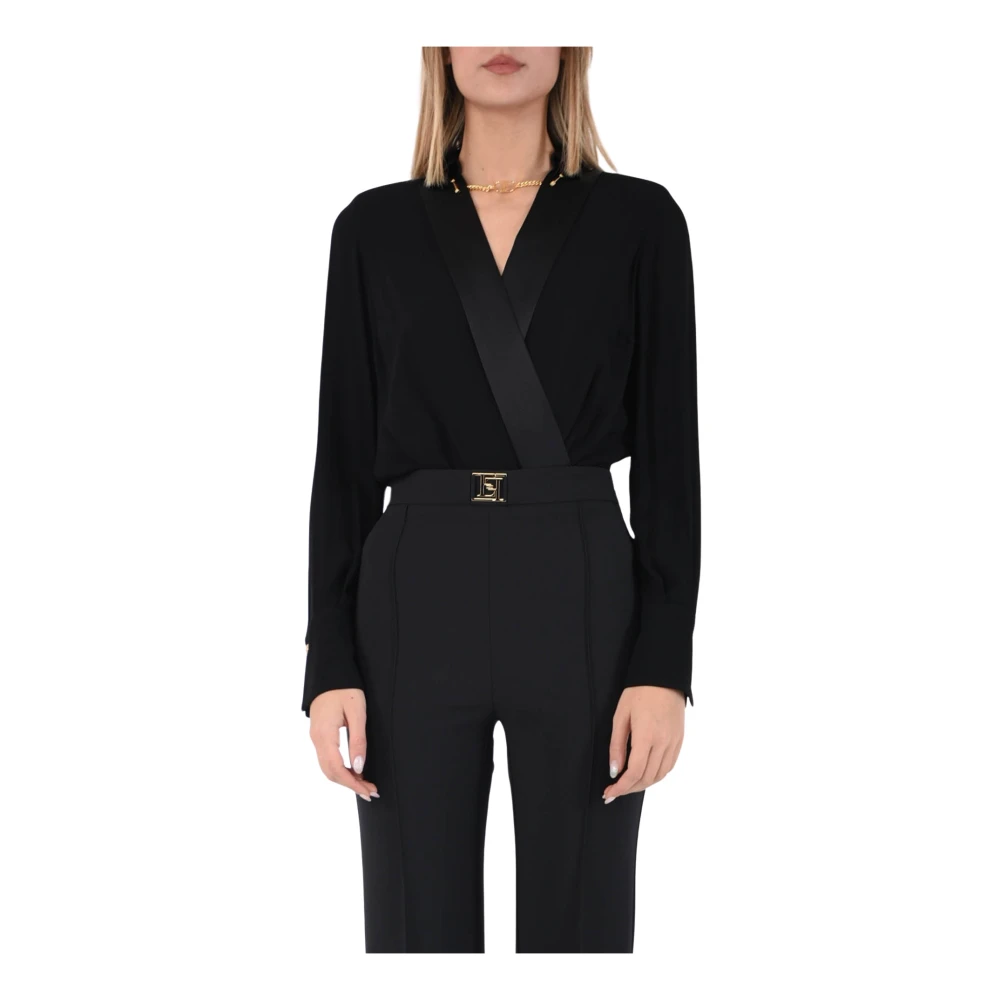 Elisabetta Franchi Georgette Zijden Body Shirt met Satijnen Kraag Black Dames